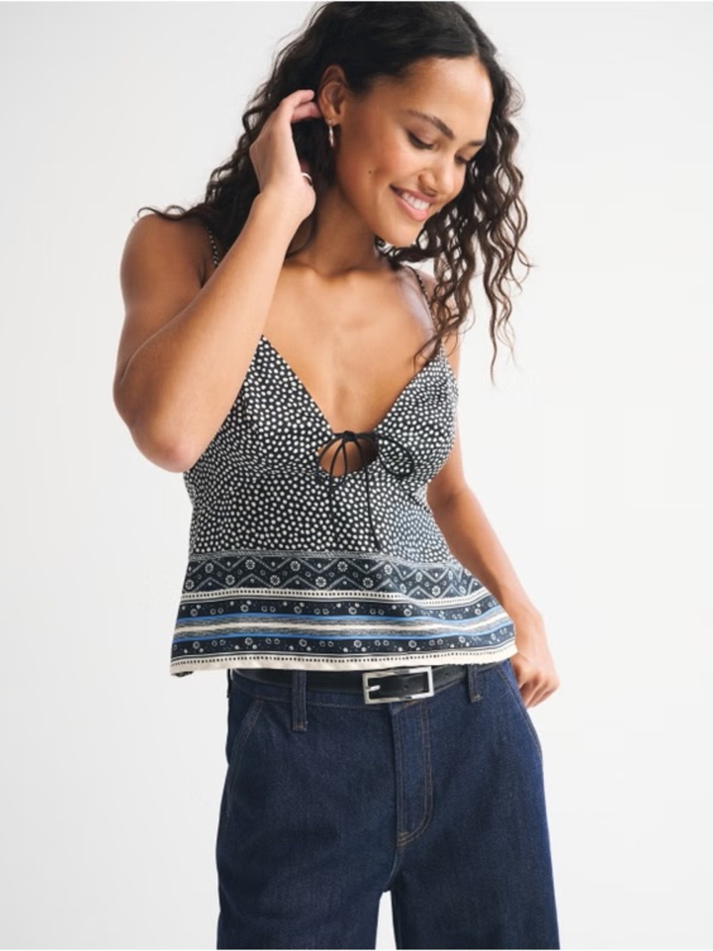 Abercrombie & Fitch Navy and White Printed Tie-Front Camisole
